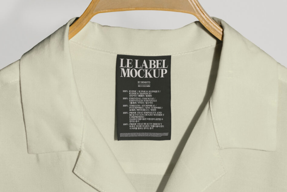 Cream colored shirt on hanger with black woven label showing multilingual text