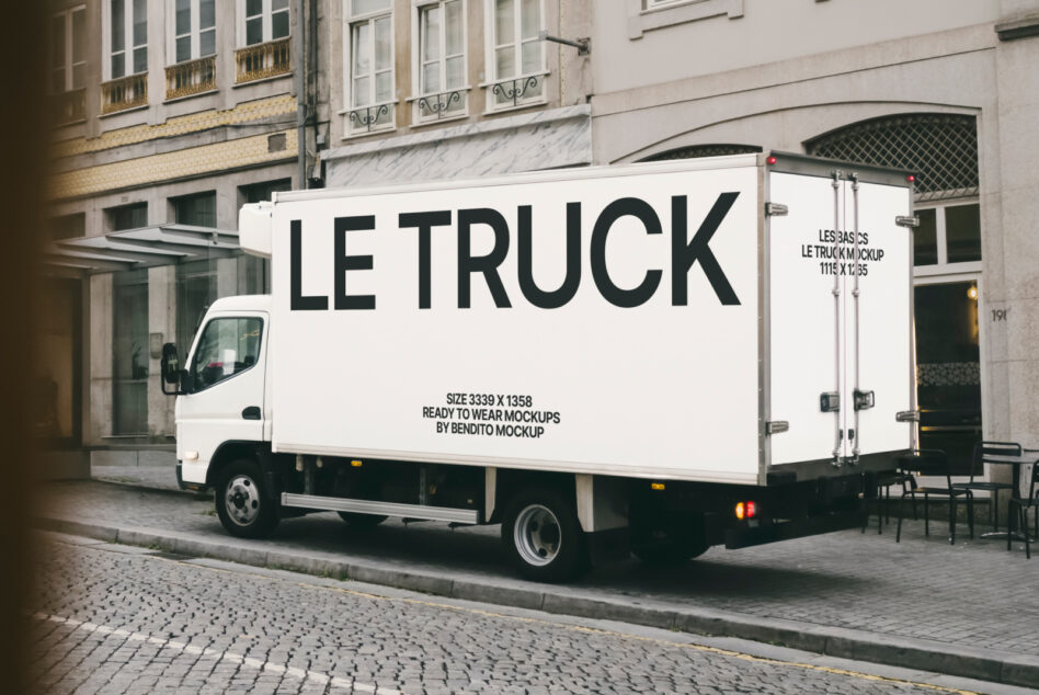 Box truck mockup on city street for graphic designers urban ad design template showcasing branding realistic vehicle side view photo mockup high quality