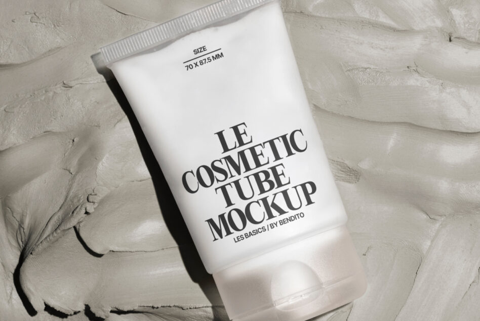 White cosmetic tube mockup with serif typography on neutral surface