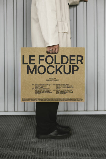 Person in cream coat holding kraft paper folder mockup against corrugated wall