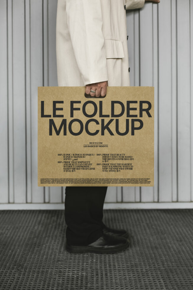 Person holding a kraft folder mockup in front of a gray vertical panel wall suitable for showcasing portfolio designs for creatives and designers.