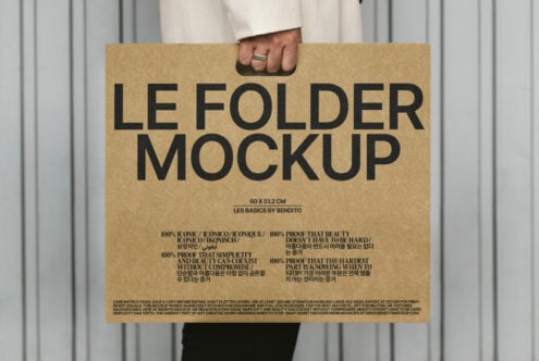 Hand holding a large kraft folder with LE FOLDER MOCKUP text in bold black. Perfect for showcasing design layouts templates or branding presentations.