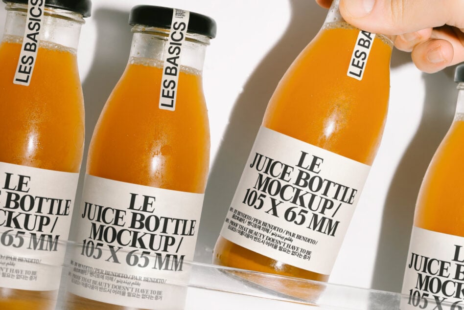 Multiple juice bottles with white labels displayed with one held in hand