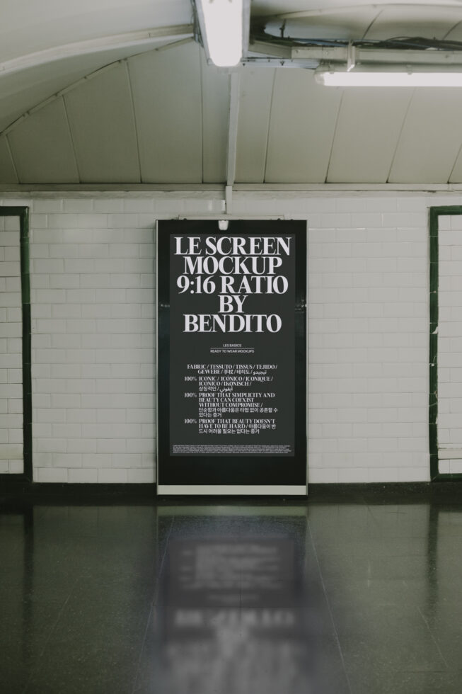 Subway ad board showcasing vertical screen mockup in a 9:16 ratio for designers. Ideal for graphic templates and design asset presentations.