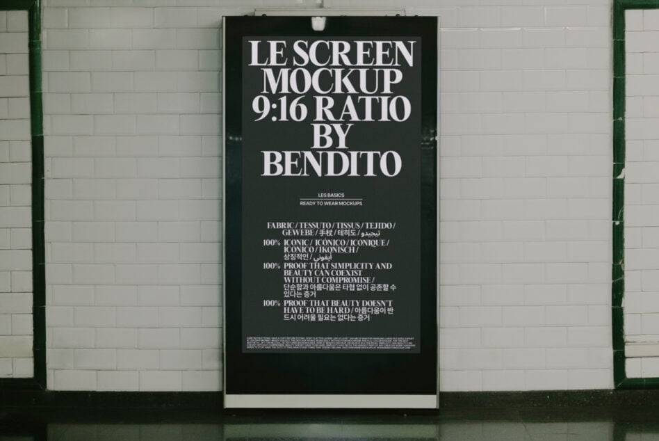Dark poster mockup mounted on tiled subway wall with white typography layout