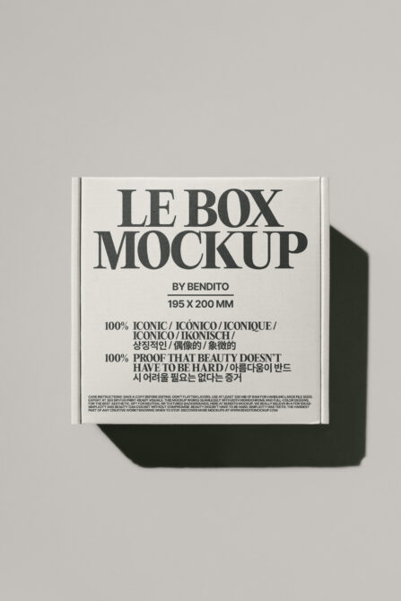 White hardcover box mockup with dark serif typography centered on cover