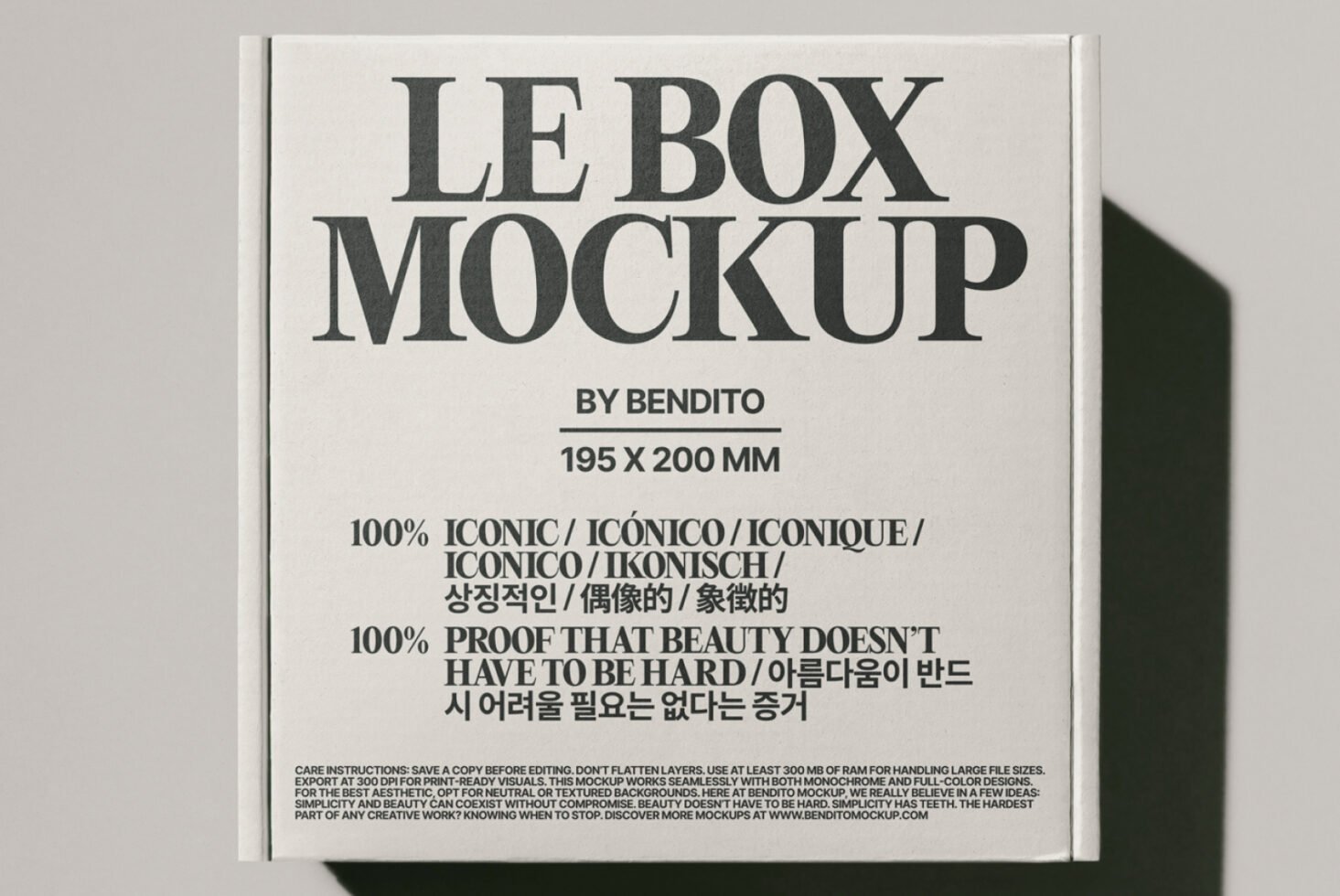 Le Box Mockup white packaging design featuring bold typography in multiple languages ideal for showcasing product graphics and branding. 195 x 200 mm box.