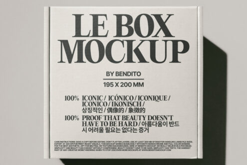 Le Box Mockup white packaging design featuring bold typography in multiple languages ideal for showcasing product graphics and branding. 195 x 200 mm box.