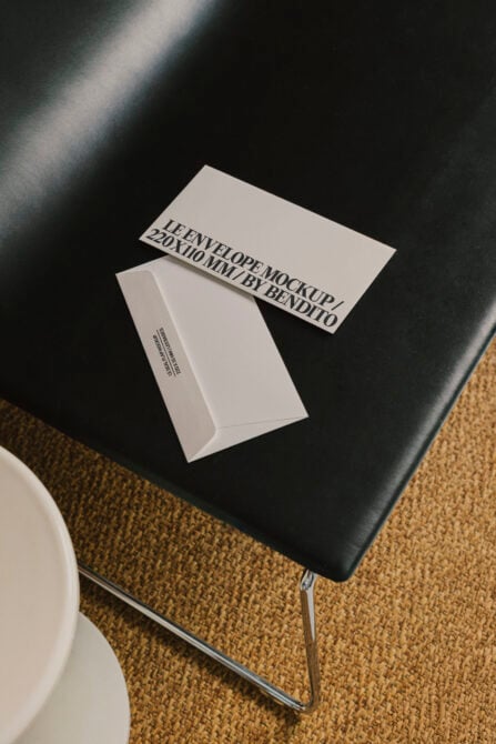 White envelope with black text label sitting on dark surface with soft shadows