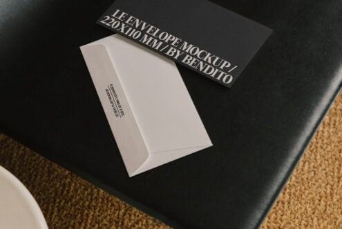 Envelope mockup on black surface showcasing 220x110 mm size by Bendito perfect for graphic designers digital assets templates mockups SEO keywords