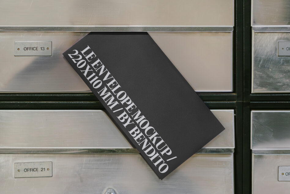 Black envelope mockup leaning on metal building mailbox with office labels