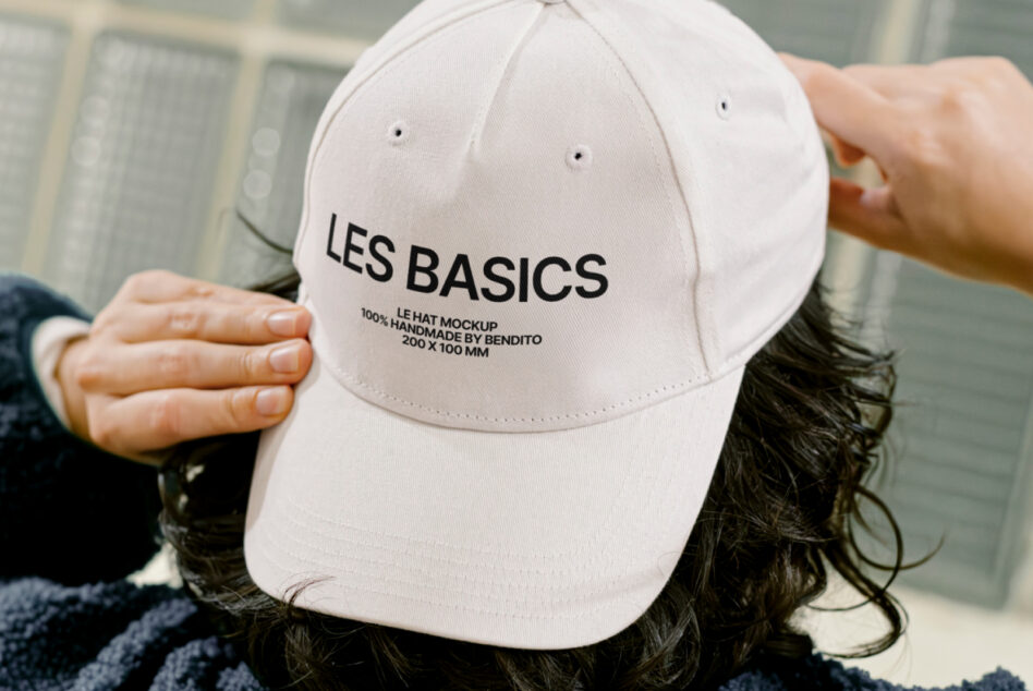 Off white baseball cap with Les Basics embroidered on front, angled view