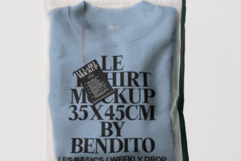 Minimalist T-shirt packaging mockup featuring a folded blue shirt with bold typography label ideal for showcasing apparel designs in digital marketplaces.