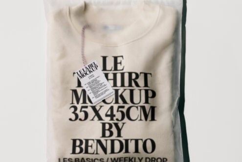 T-shirt packaging mockup featuring bold typography and a hanging tag. Ideal for designer presentations, branding, and showcasing apparel designs.
