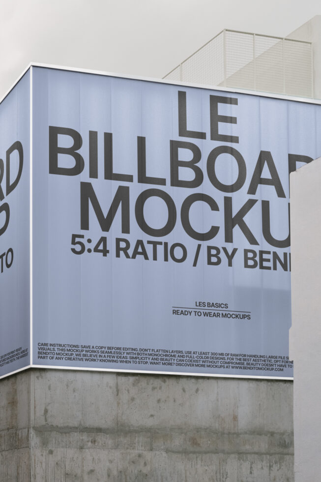 Large billboard mockup on building exterior, showcasing design template for designers. 5:4 ratio, blue background, bold text. Perfect for urban projects.