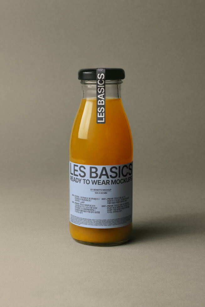 Glass bottle mockup with a minimalist label design on neutral background ideal for showcasing product branding ready to wear mockups digital assets designers.