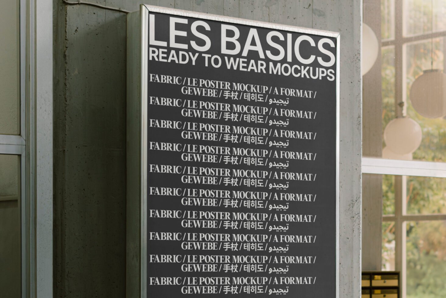 Mockup of a poster display in a modern setting featuring multilingual text suitable for showcasing design projects. Ideal for graphic designers and templates.