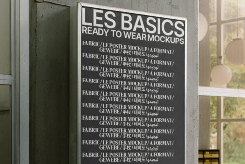 Mockup of a poster display in a modern setting featuring multilingual text suitable for showcasing design projects. Ideal for graphic designers and templates.