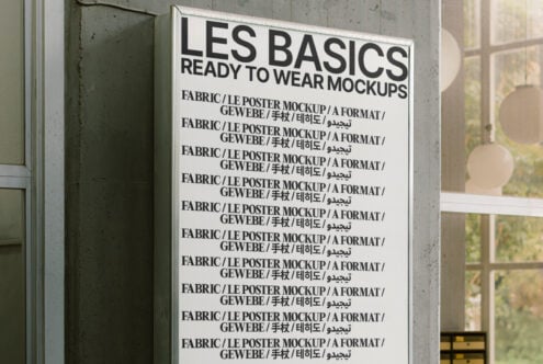 Sign showcasing fabric mockups for designers with multilingual text. Keywords: mockup, design, template, fabric, poster, ready-to-wear, texture.