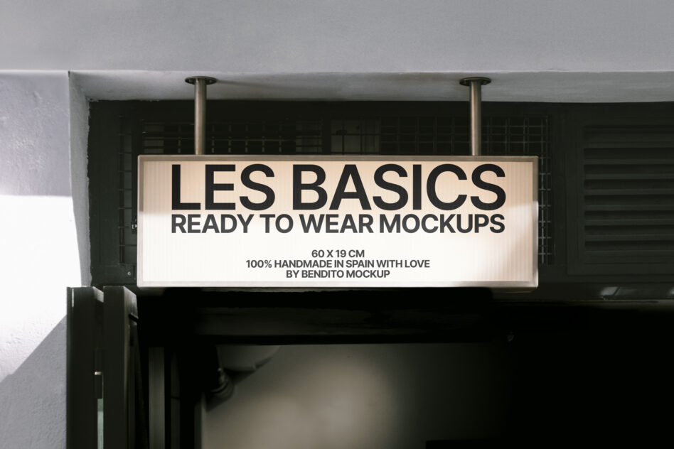 Light beige horizontal storefront sign mockup with white text