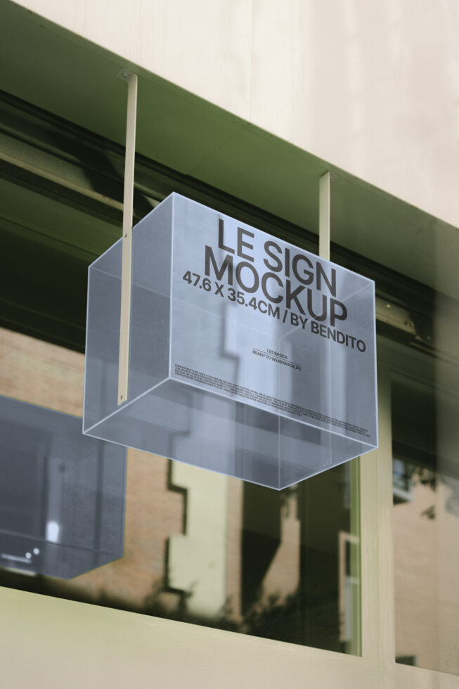 Outdoor hanging sign mockup with transparent box design for storefront display. Perfect for showcasing branding concepts. Ideal for designers.
