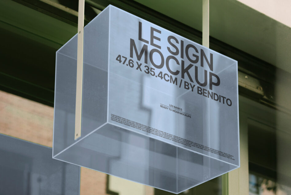 Frosted glass suspended signage mockup with Le Sign text display