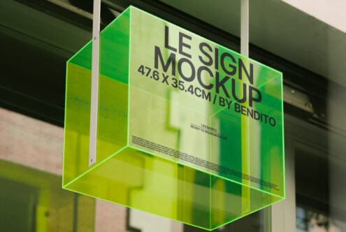 Neon transparent sign mockup in a retail setting, perfect for designers. Green acrylic display, realistic signage template, modern design asset.