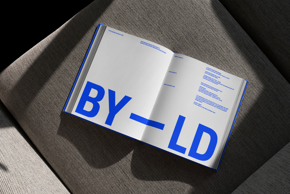 Interior pages of blue book showing BY_LD text in large blue letters overlay