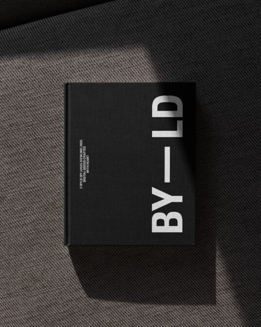 Black hardcover with white diagonal 'by ld' text running vertically