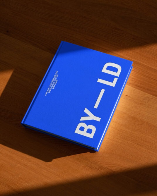 Bright blue hardcover book with white BY_LD text displayed vertically