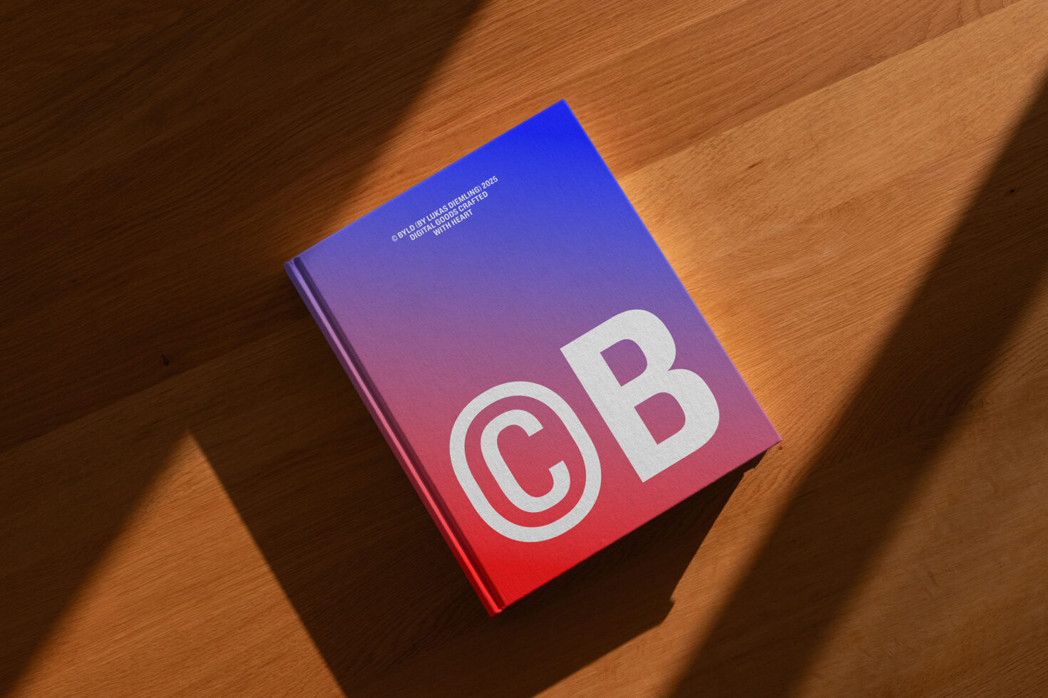 Gradient book cover mockup on wooden surface CB text bold modern design ideal graphic resource for designers template digital assets marketplace