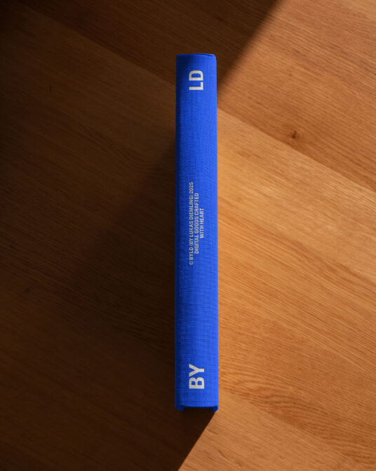 Spine of bright blue cloth hardcover book on wood with white vertical BY text visible