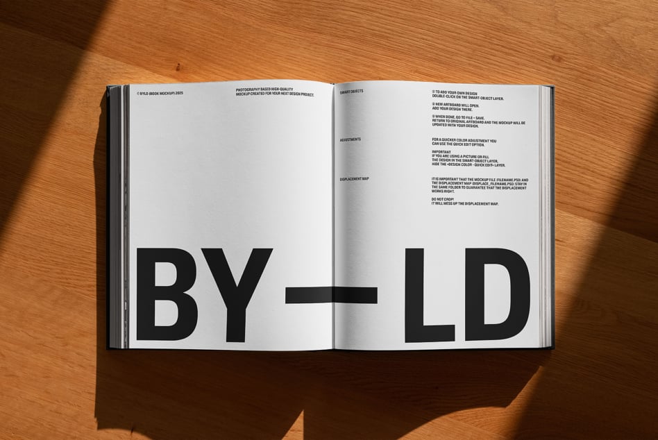 Open hardcover book spread on wood with large black text BY LD on white pages