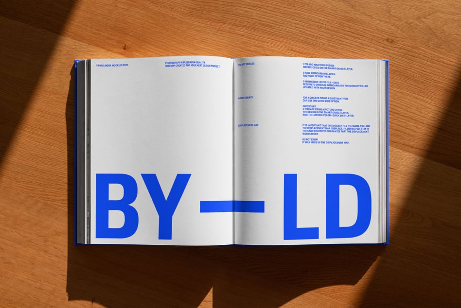 Open hardcover book on wood with bright blue text BY LD on white pages facing camera