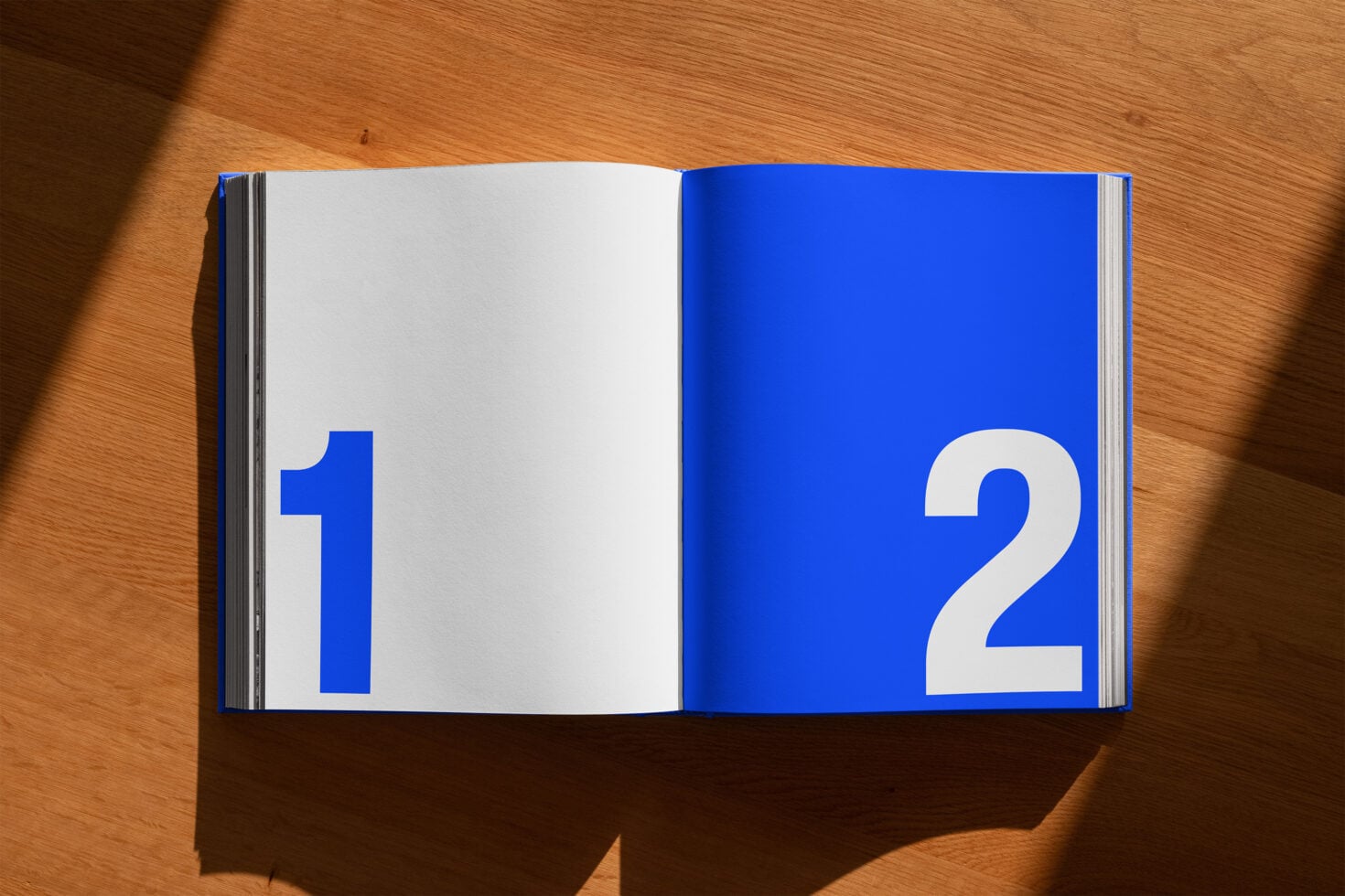 Open book spread displaying numbers 1 on left, 2 on right with blue page