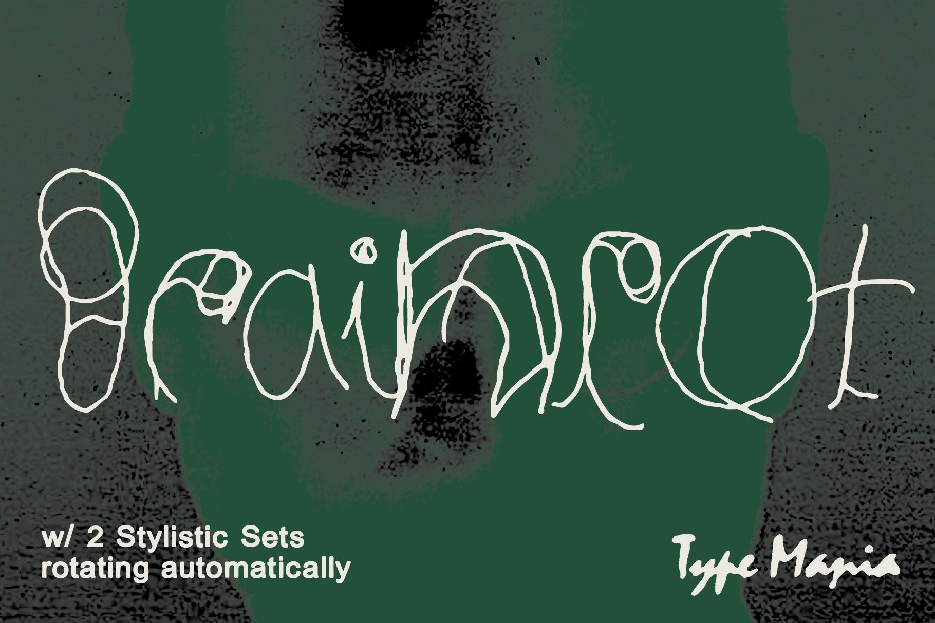 Innovative font design Brainrot with hand-drawn style includes 2 stylistic sets rotating automatically ideal for graphic designers typography projects.