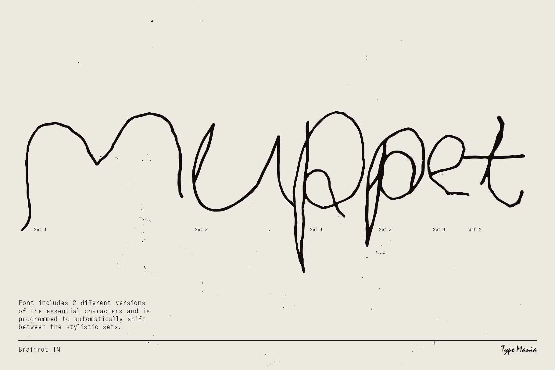 Handwritten font display showcasing unique characters with two stylistic sets. Ideal for designers seeking creative typography assets for projects.