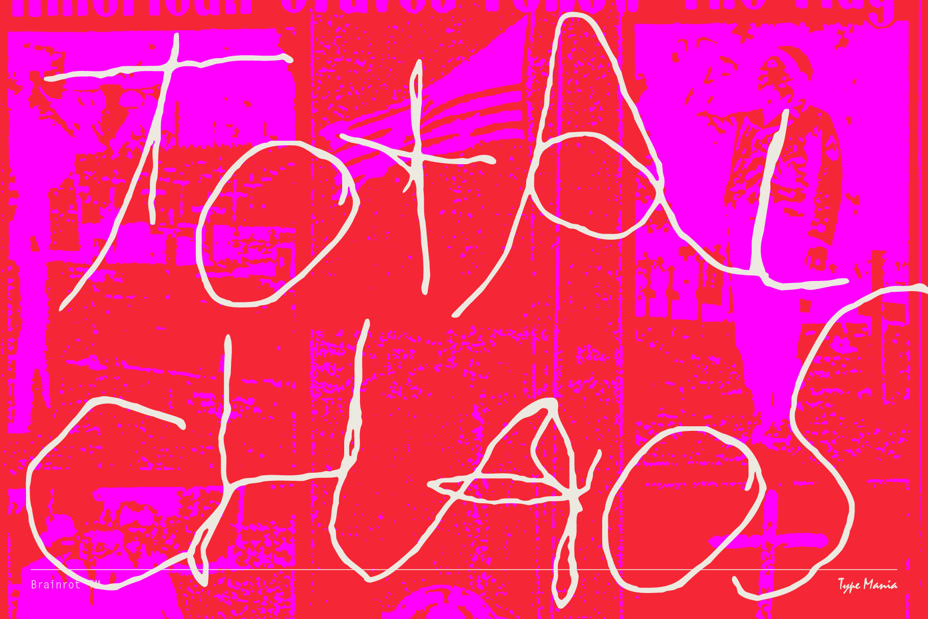 Bold graphic with chaotic handwritten text overlay in red and pink tones suitable for typography design projects and creative templates.