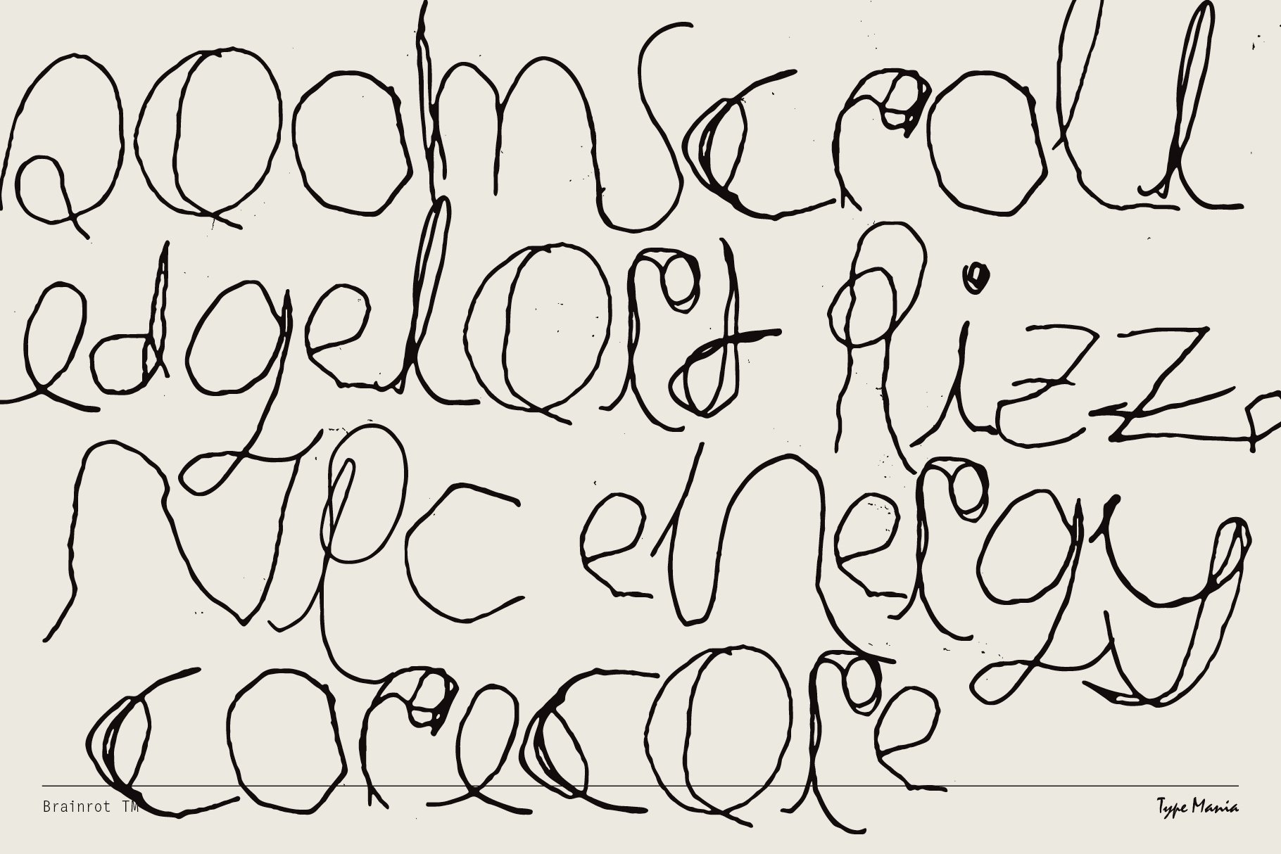 Hand-drawn script font with abstract lines and loops, ideal for creative typography projects and graphic design. Unique artistic style, high-resolution font.