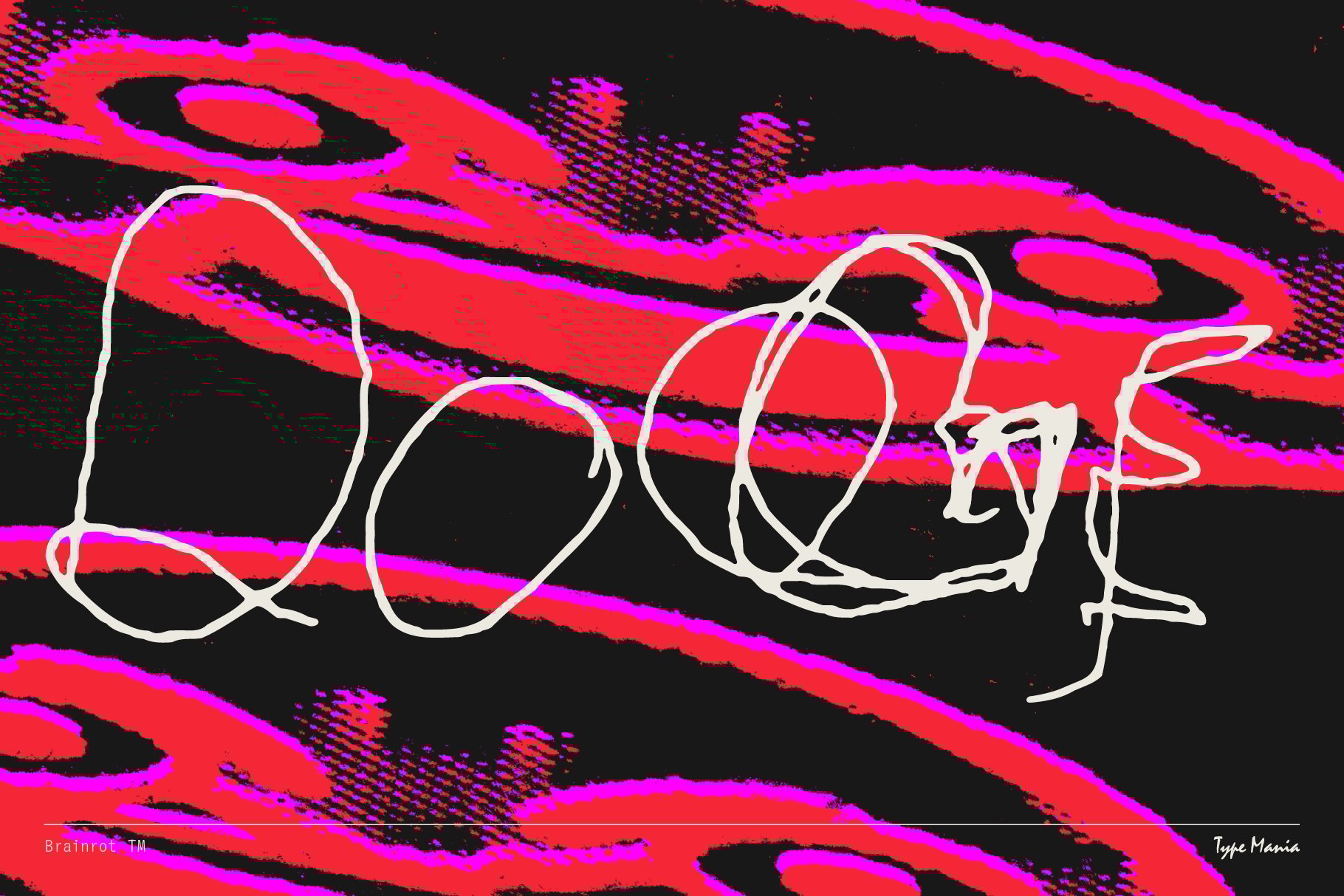Bold abstract graphic design featuring vibrant red and pink swirls on black background with chaotic white hand-drawn lettering ideal for templates.