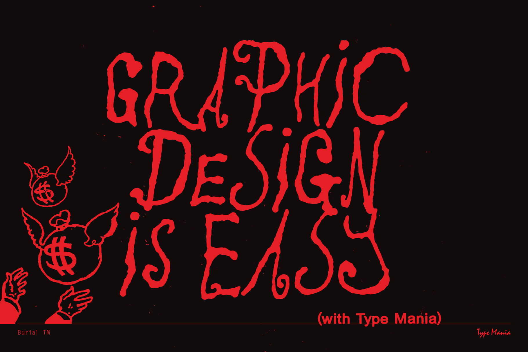 Bold graphic design poster with red handwritten font and whimsical illustrations for branding, typography inspiration, and creative design resources.