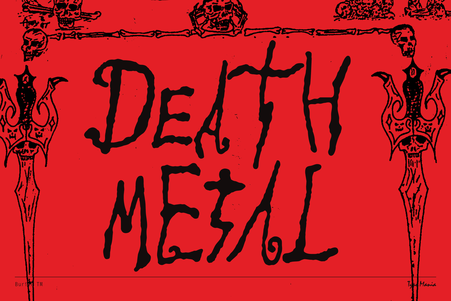 Red background with gothic black lettering displaying Death Metal. Ornate skulls and swords graphics border the text. Ideal for typography and metal design.
