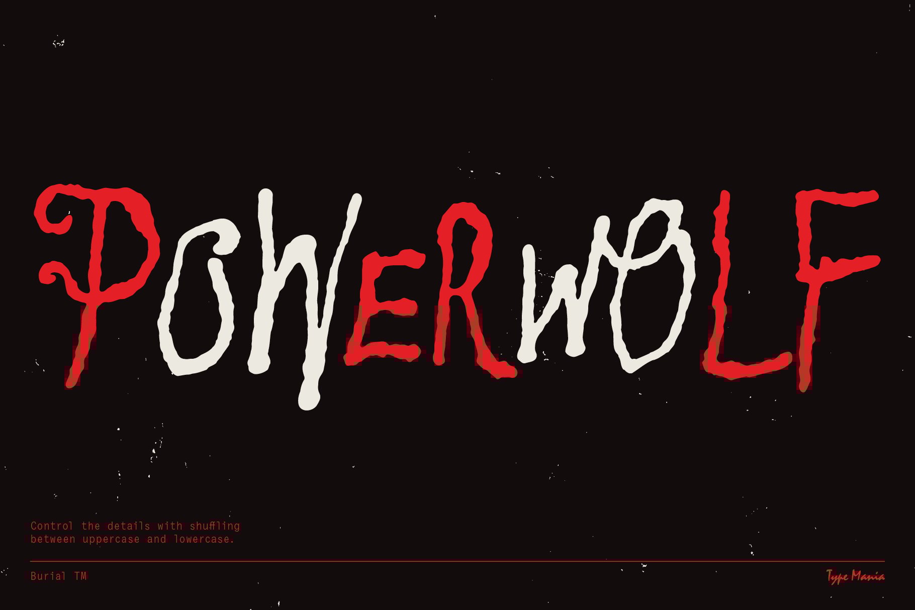 Bold font design with the word Powerwolf in red and white on black background. Suitable for typography, graphic design, branding. Artistic and edgy look.