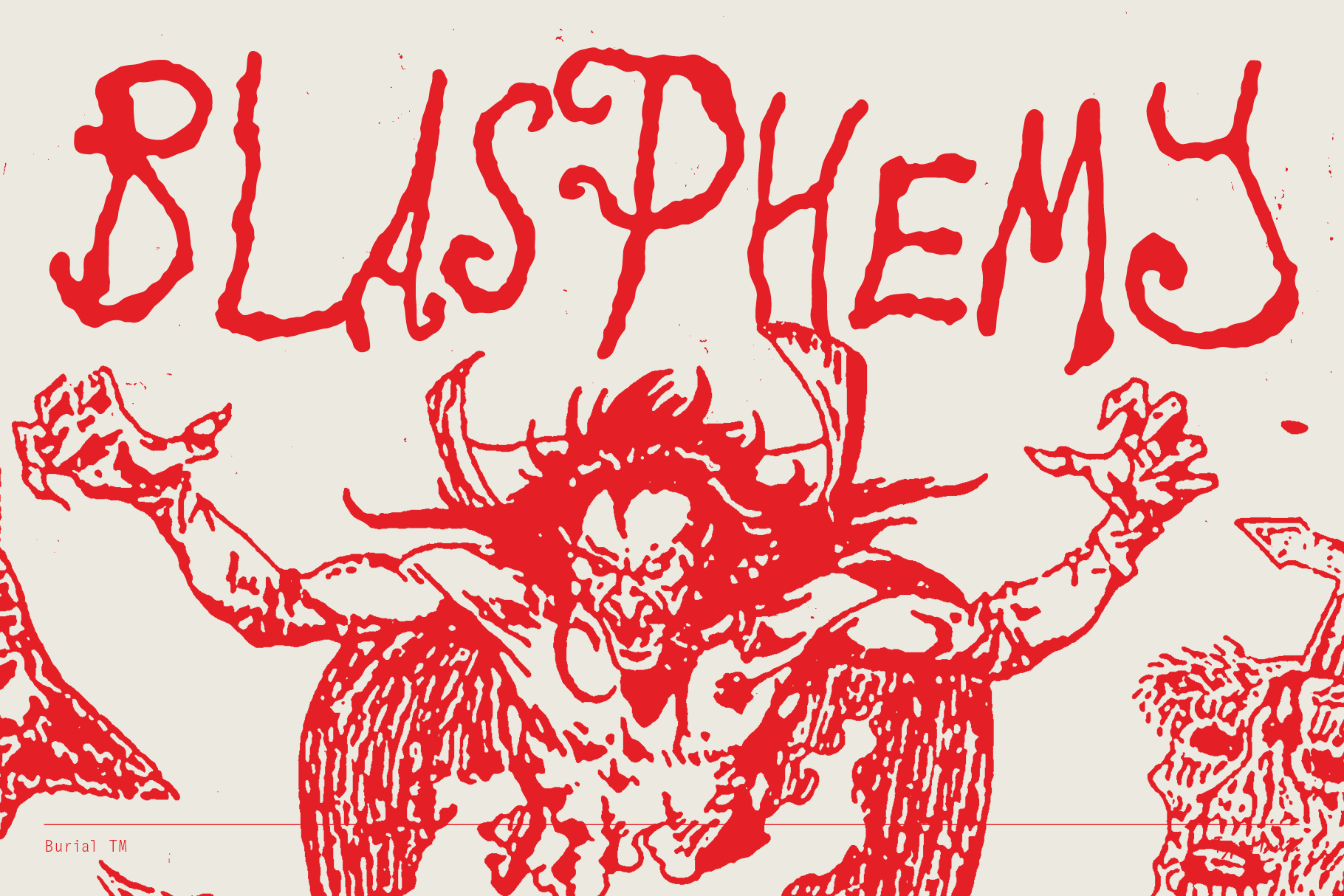 Bold red text Blasphemy with fierce demon illustration, Gothic style font design. Ideal for designers seeking horror-themed graphics or typography assets.
