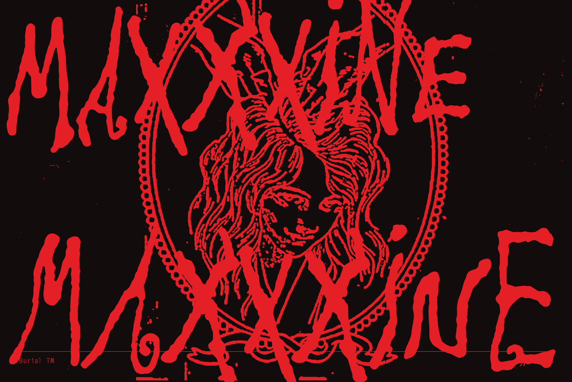 This image features a vibrant red Maxxine typography overlay on a dark background with a stylized human face graphic in the center, suitable for designers.