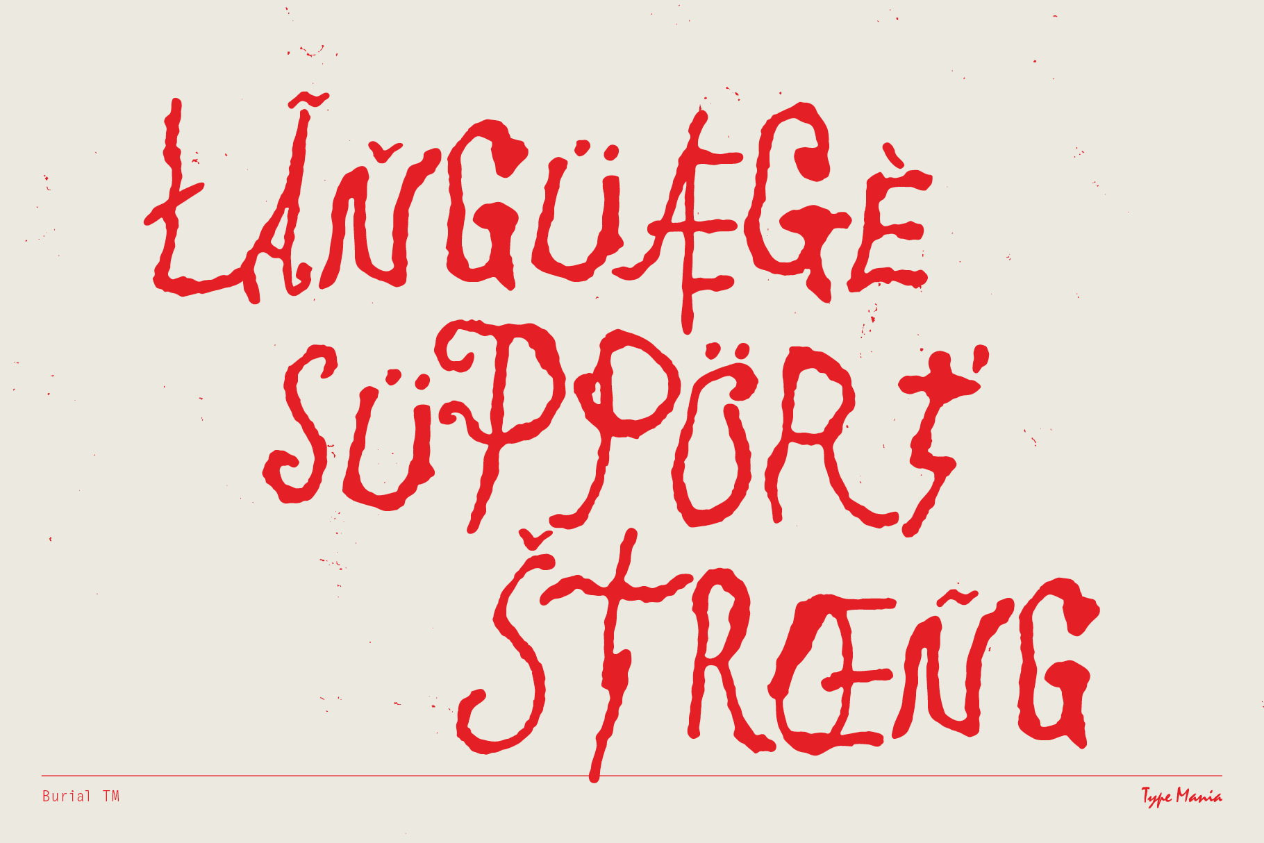 Handwritten red font with unique characters on a beige background showcasing strong language support for designers. Graphic asset in font category.