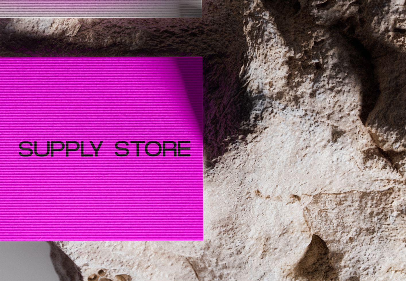 Pink textured card with SUPPLY STORE text against rough beige stone background, ideal for graphic design, templates, marketing, mockup resources.