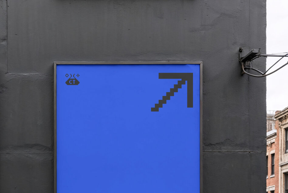Large blue digital billboard mockup with pixelated cursor icon