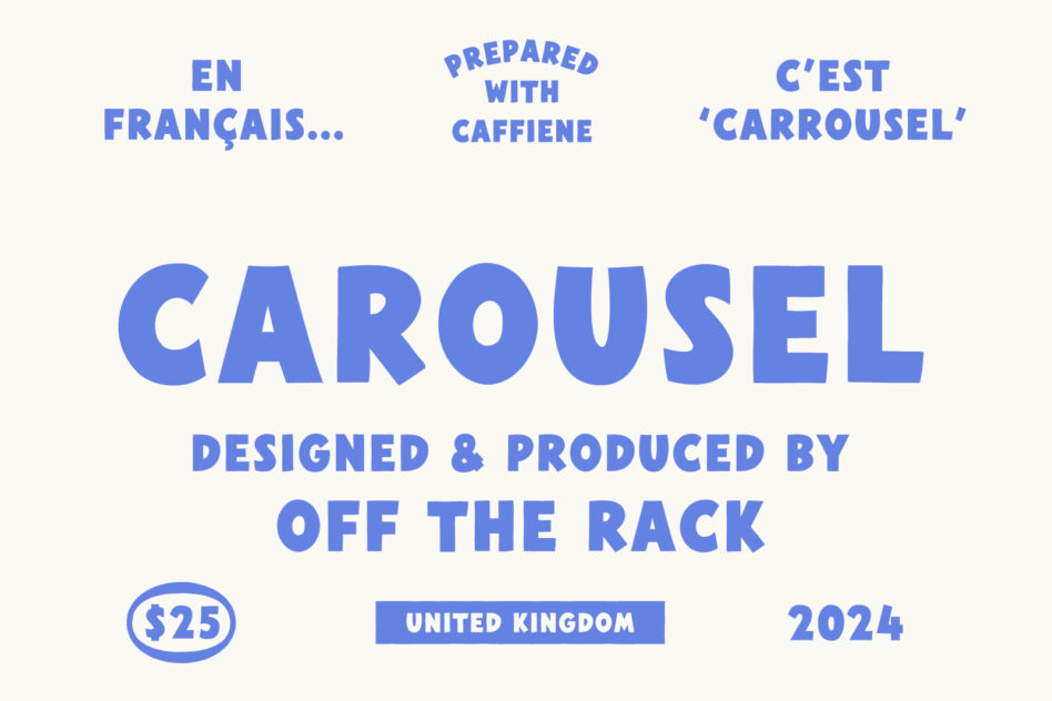 Blue text Carousel with French captions, coffee reference, Off The Rack branding