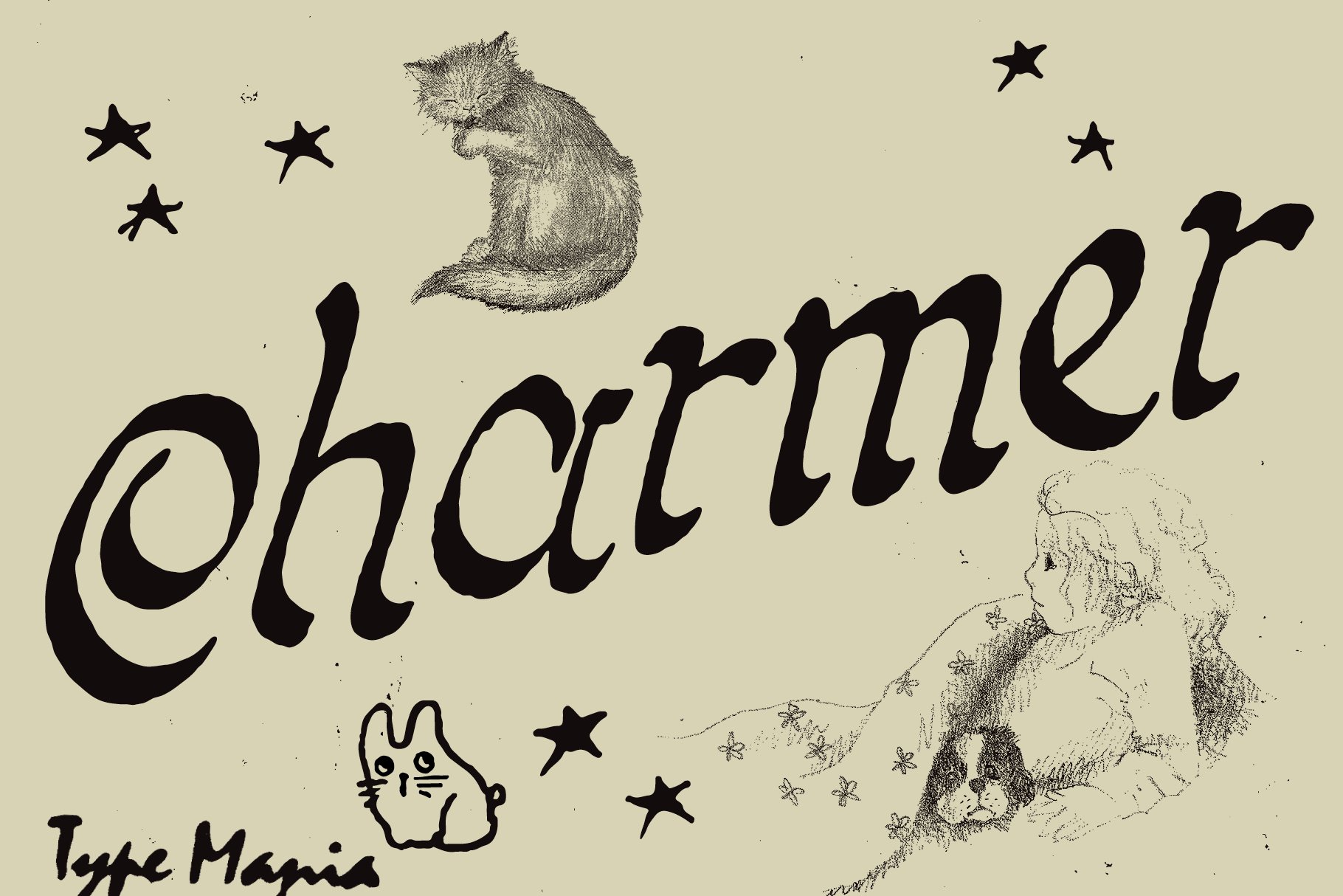 Whimsical hand-drawn font with cat and child sketches for design projects, templates, fonts, graphics. Perfect for nostalgic and vintage aesthetics.